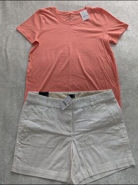 J. Crew Coral Tee with White Shorts
